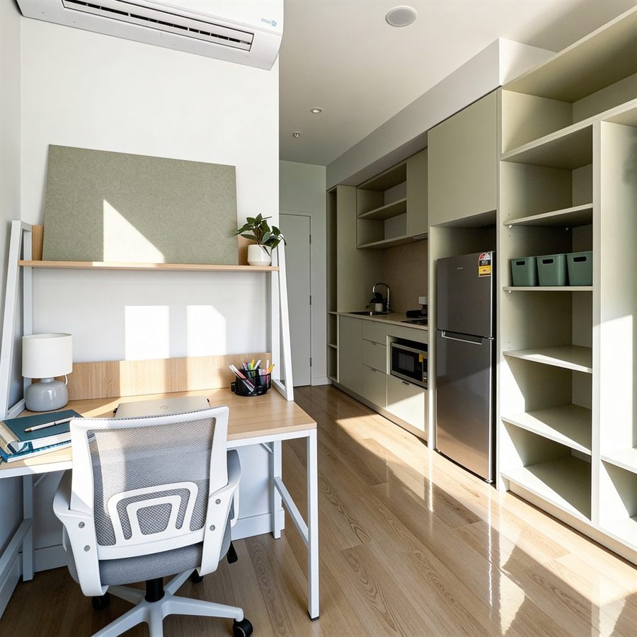 Griffith University Village 高層棟のスタジオタイプ。専用キッチン、冷蔵庫、電子レンジ、学習デスク、収納棚、エアコン付き
